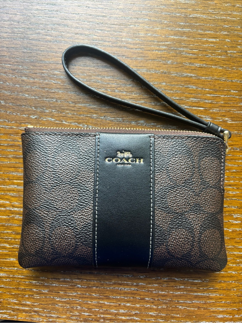 Coach Brown & Black Signature Wristlet with Gold Logo